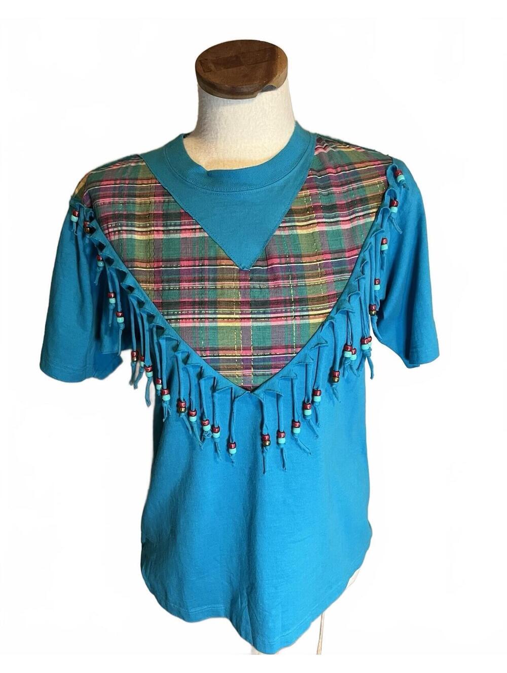 Vintage Southwestern Blue 80/90s Women's T Shirt Fringe Beads Plaid XL Cotton